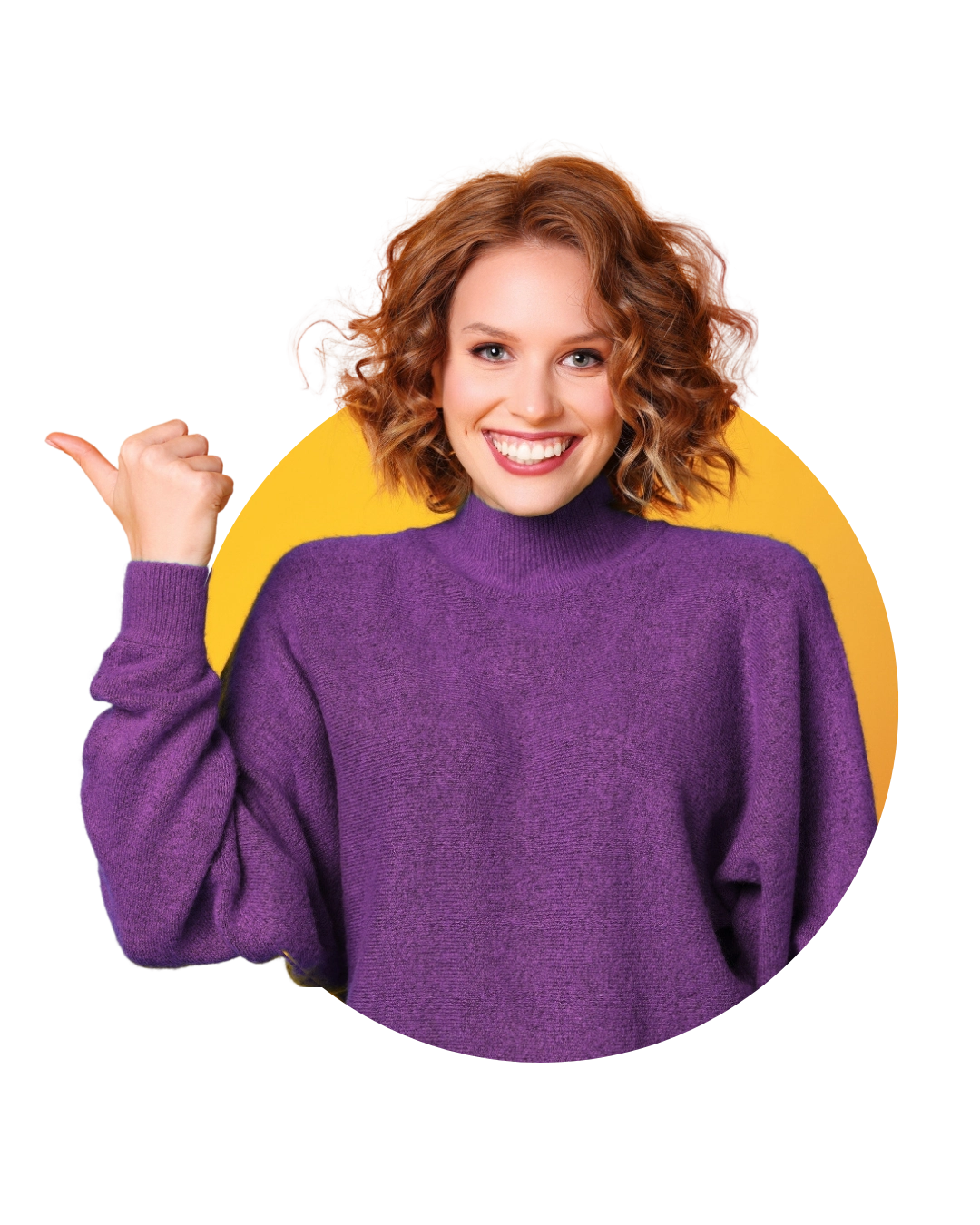 Smiling woman with curly red hair wearing a purple sweater, pointing to the left with her thumb against a white and yellow background.
